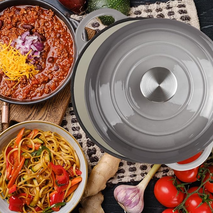 3 Quart Dutch Oven Enameled Cast Iron with Lid - Big Dual Handles - Oven Safe up to 500째F - Classic Round Pot for Versatile Cooking Light Gray