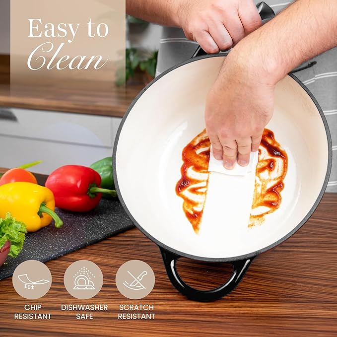 Nuovva Enamelled Cast Iron Dutch Oven Pot with Lid ??6.4 Quart Non Stick Casserole Pot ??Heavy Duty & Oven Safe up to 500째 F for Bread Baking, Braising, Stews, Roasting ??28cm Black