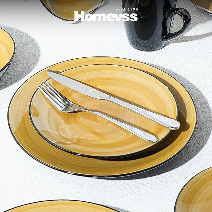 Stoneware Sonoma 16pc Dinnerware Set, Black + Speckled Spin Wash Yellow
