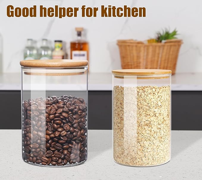 33+17 oz Glass Food Storage Jars with Airtight Lids, Clear Glass Jar with Bamboo Lid, Airtight Food Canister for Tea, Candy, Coffee, Sugar, Cookie, Snack. (Round | 5+6 Inch)