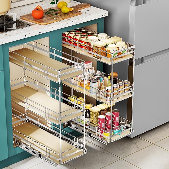 Pull Out Spice Rack Cabinet Organizer 7" W x 20쩍" D, 3 Tier Heavy Duty Slide Out Wood Shelf for Narrow Cabinet, Pull Out Storage for Kitchen