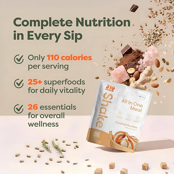 310 Nutrition All-In-One Meal Replacement Shake Powder - Plant-Based Protein Smoothie Blend w/High Fiber, Probiotics & Adaptogens - Low Carb, Vegan, Keto & Paleo Friendly - Caramel Sundae - 28 Srv