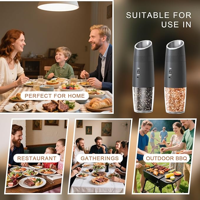 Electric Salt and Pepper Grinder Set ??Rechargeable Gravity Automatic Pepper Mill Gift Set with LED Light & 6 Adjustable Coarseness