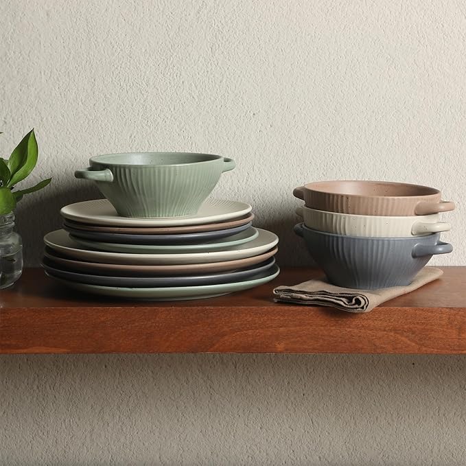 Gibson Elite Clover Hill 12-Piece Stoneware Dinnerware Set ??Assorted Colors in Sage Green, Charcoal, Taupe & Cream ??Embossed Reactive Glaze Plates & Bowls, Microwave & Dishwasher Safe, Service for 4