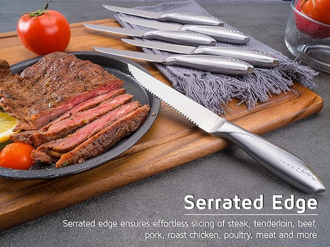 WELLSTAR Serrated Steak Knife Set of 6, Razor Sharp German Steel Blade 4.75 inch and Comfortable Stainless Steel Hollow Handle Durable Diner Table Knives Pack for Home Restaurant