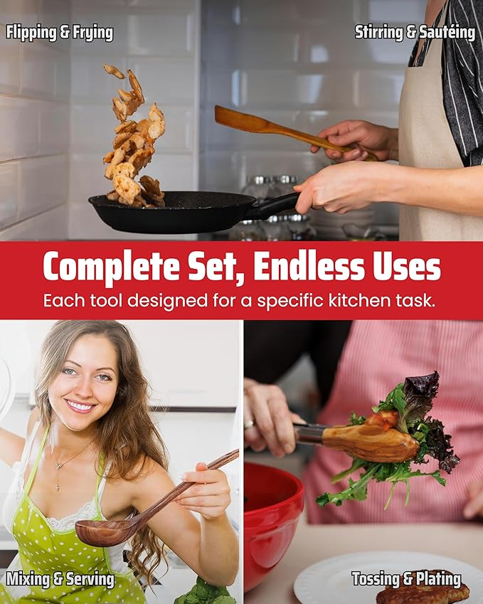 Elegant 5-Piece Walnut Wood Kitchen Utensil Set ??Non-Scratch, Heat-Resistant Cooking Utensil Set with Kitchen Tongs, Spoons, Spatula & Ladle ??Lightweight, Durable & Perfect for Daily Use or Gifting