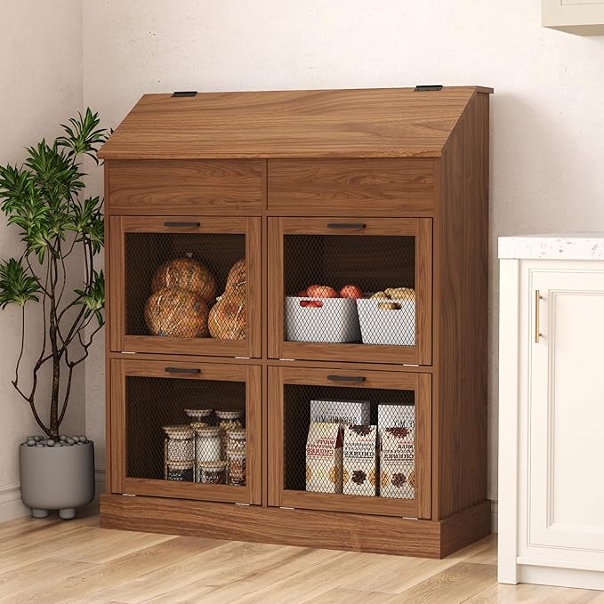 COSIEST Oversized Potato Storage Bin, 47'' High Wooden Bread Box with Adjustable Door Hinge, Farmhouse Potato and Onion Storage Bin with 4 Mesh Doors, Kitchen Fruit and Vegetable Storage Cabinet