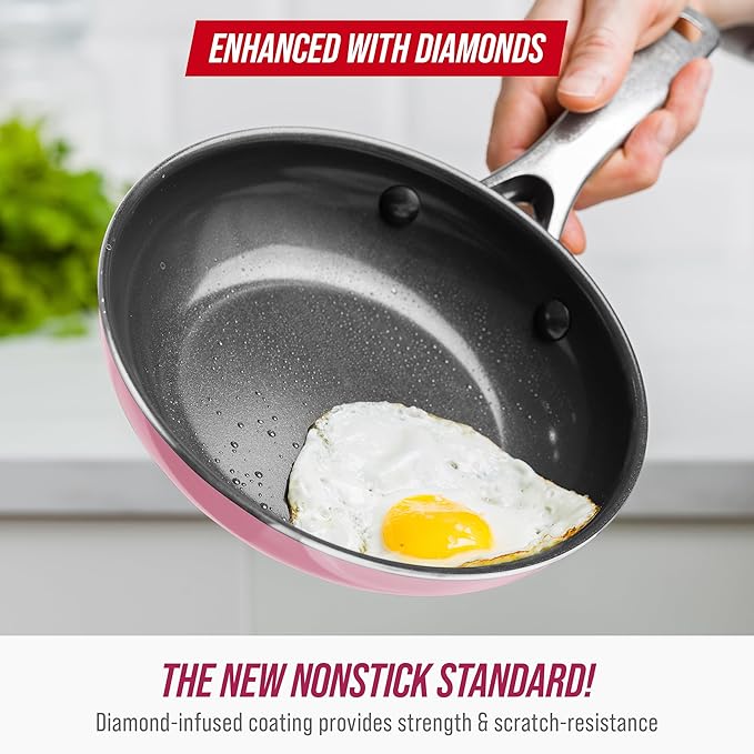 Blue Diamond Frying Pan 8??Skillet, Diamond Infused Healthy Ceramic Nonstick, PFAS and PFOA-Free, Dishwasher and Oven Safe, Even Heating, Metal Utensil Safe, Warp Control Base, Pink