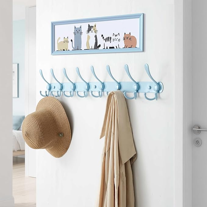 Dseap Coat Rack Wall Mount - 29.5??Long 8-Tri-Hooks Heavy Duty Coat Hanger Rail Wall Hooks for Hanging Coats Hats Clothing Clothes Purse Mudroom Entryway, Blue