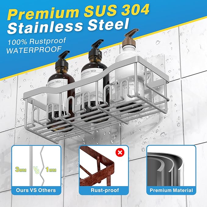 EUDELE 5-Pack Rustproof Stainless Steel Shower Caddy ??No Drill Adhesive Bathroom Organizer with Large Capacity, Spacious Shower Shelves for Inside Shower, Kitchen & Home Decor Storage-XL Size