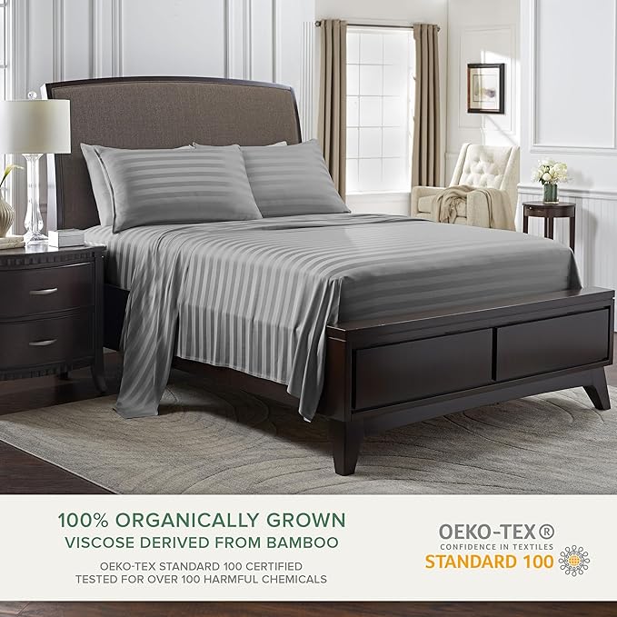 Pure Bamboo King Sheets, Genuine 100% Organic Viscose Derived from Bamboo Bed Sheet Set, Luxuriously Soft & Cooling, Double Stitching, 2 Year Quality Promise (King, Jacquard Stone)