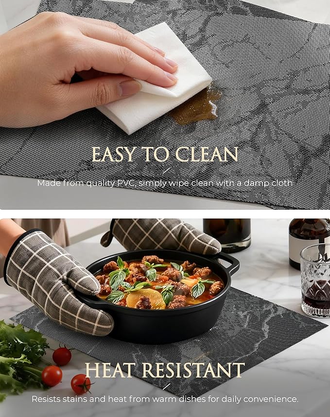 Leetaltree Reversible Marble Placemats Set of 4 - Ships Flat and Stays Flat, Durable Washable Vinyl PVC Placemats, Heat Resistant, Easy Wipe Clean (Black Marble Pattern)