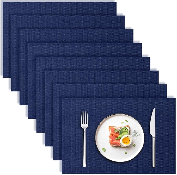 Blue Forest Placemats Set of 8, Dual-Layered Thickened Faux Line Table Mats Heat Resistant Machine Washable Wrinkle Free Place Mats for Kitchen Dining Outdoor/Indoor (NavyBlue)