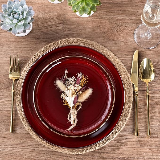 GBHOME Ceramic Dinnerware Sets for 4, 12 Pieces Stoneware Plates and Bowls Sets, Scratch Resistant Dishes, Dishwasher & Microwave Safe, Reactive Glaze-Burgundy