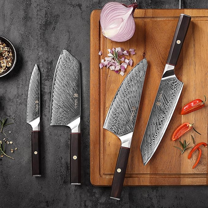 Wakoli Culinary Asia Damascus 4-Piece Knife Block Set with Magnetic Block ??Professional Kitchen Knives made of 67-Layer Damascus Steel Blades & VG10 Core ??Ergonomic Dark Oak Wood Handles in Gift Box