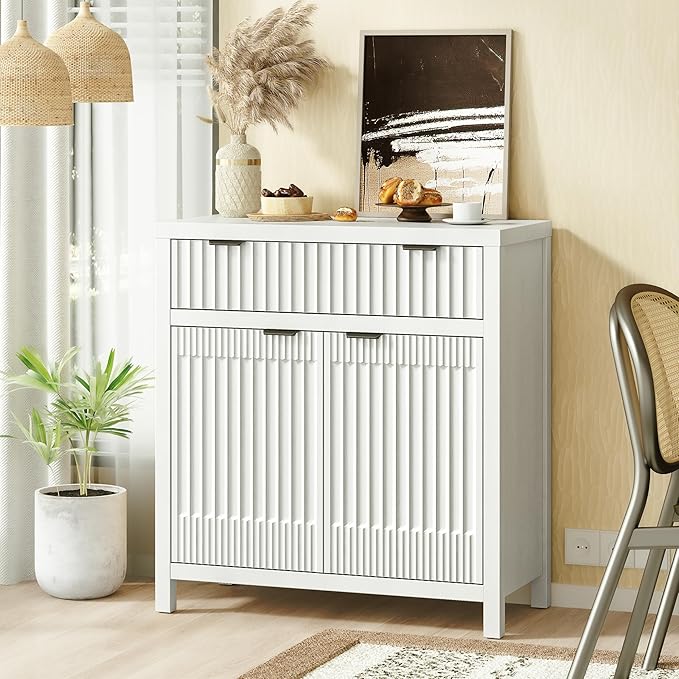 FLOWBACK Fluted Buffet Cabinet with Storage,34" Tall Kitchen Sideboard Cabinet Modern Credenza with Fluted Doors & Shelves Farmhouse Coffee Bar Media Console Accent Cabinets for Living Room, Entryway