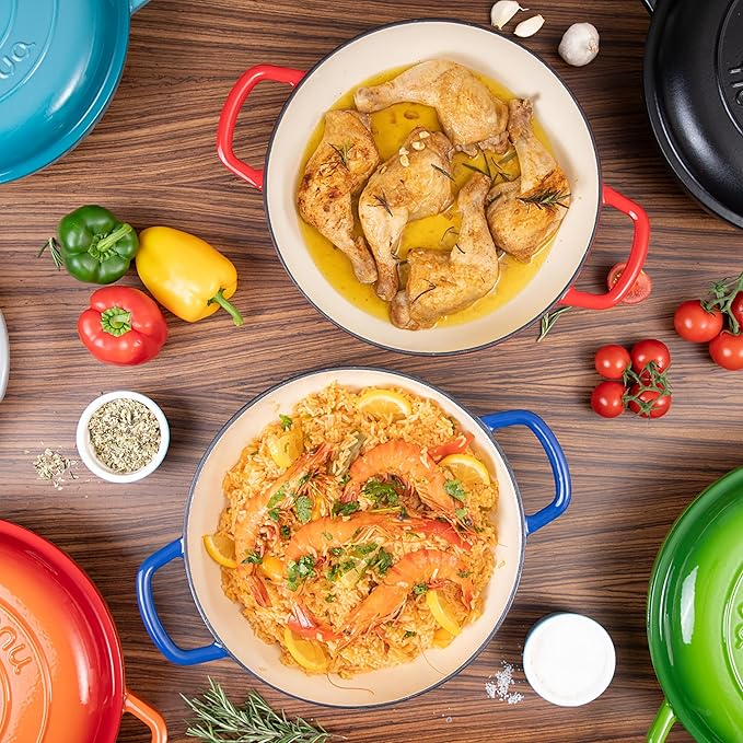 Shallow Cast Iron Casserole with Lid ??Non Stick Dutch Oven Pot, Oven Safe up to 500째 F ??Sturdy Ovenproof Stockpot Cookware ??Enamelled Cooking Pot ??Blue, 5-Quart, 32cm ??by Nuovva