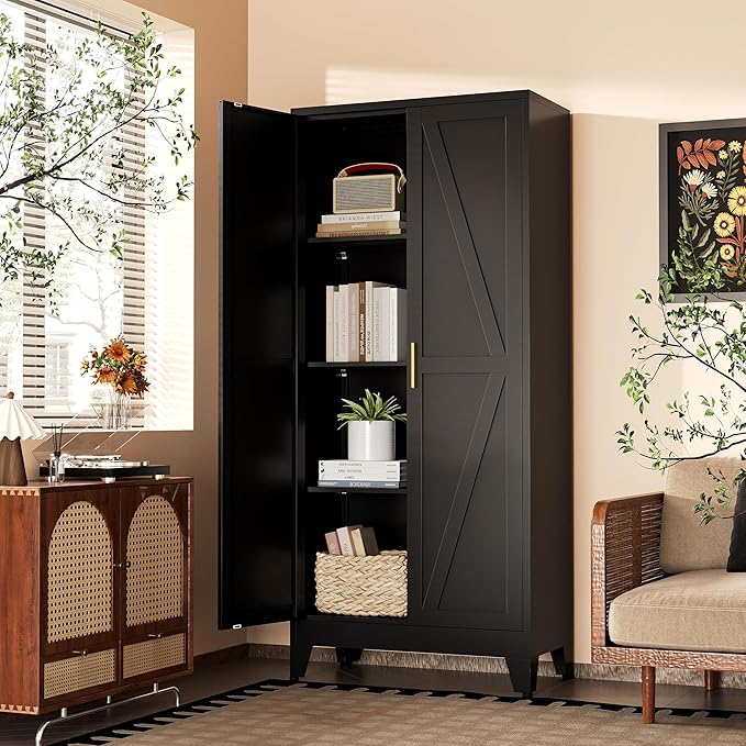 61"H Black Pantry Kitchen Cabinet with Doors,Black Storage Cabinets,Freestanding Pantry Cabinet,Farmhouse Food Storage Cabinets,Tall and Large Pantry Cabinets for Kitchen, Dining Room, Living Room