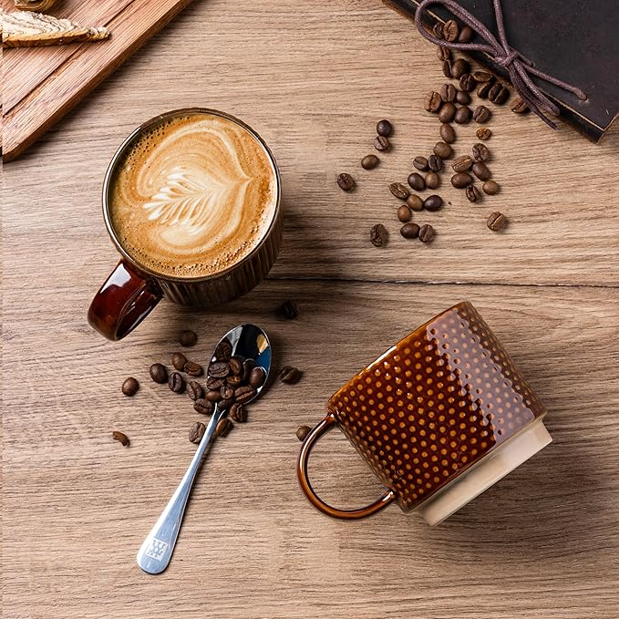 GBhome 12OZ Stackable Coffee Mugs with Stand, Ceramic Coffee Mugs with Texture Patterns for Man,Woman,Dad,Mom, Modern Coffee Cups Set of 4 for Latte/Cappuccino. Dishwasher&Microwave Safe, Caramel