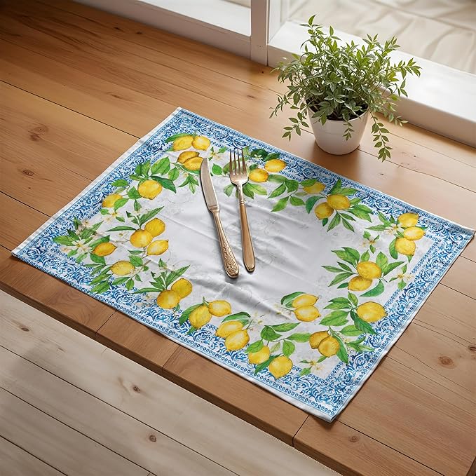 Maison d' Hermine Placemats Set of 4 100% Cotton Washable Cloth Place Mats, Reusable Table Mats for Kitchen Dining Decoration, Party, Wedding, Restaurant Spring/Summer (Cedrat, 13" x 19")