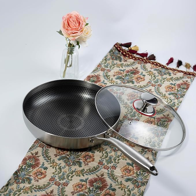 11 inch stainless steel frying pan with lid, hybrid non-stick skillet for induction, oven, broiler & dishwasher, non-toxic chef's pan, pfoa-free cookware