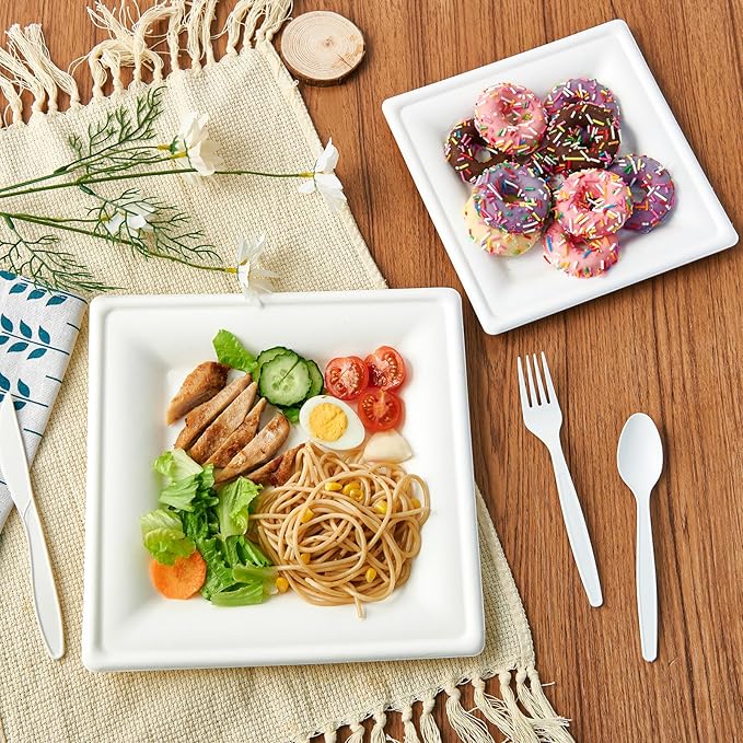 ECOLipak 6 Inch Compostable Square Paper Plates, 300 Count Heavy Duty White Small Paper Appetizer Plates, Disposable Biodegradable for Dessert Daily meals, Dinner, Parties, BBQ