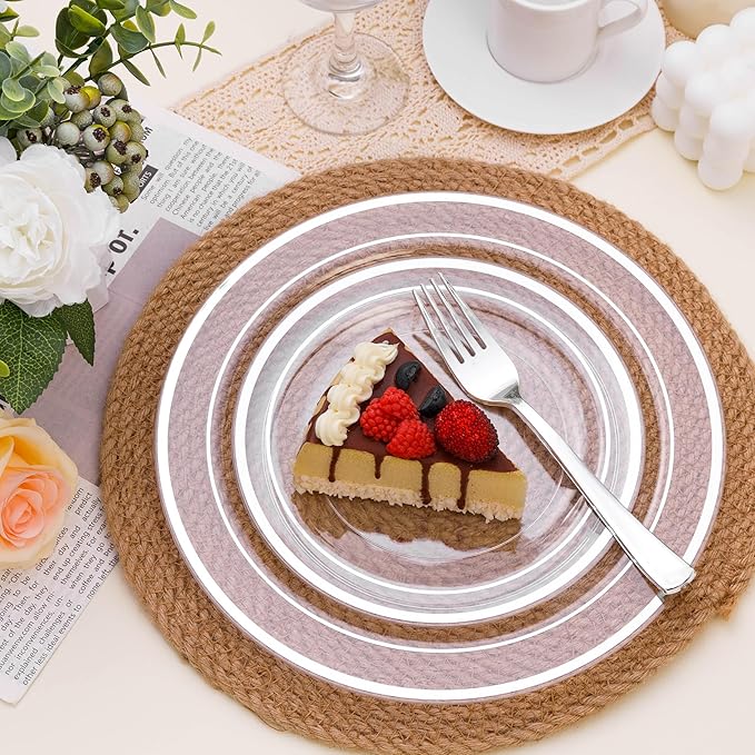 BESTSTAR 100PCS Clear Plastic Plates for Party, 10.25 Inch Disposable Plates with Silver Rim, Heavy Duty Dinner Plates for Christmas, Wedding and Birthday
