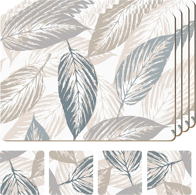Moderry Set of 4 Heat Resistant Cork Placemats for Dining Table with Free Set of 4 Matching Drink Coasters Marble Design 16 x 12 Inches Cork Backed Hard Placemats (Farmhouse Rustic Leaves)