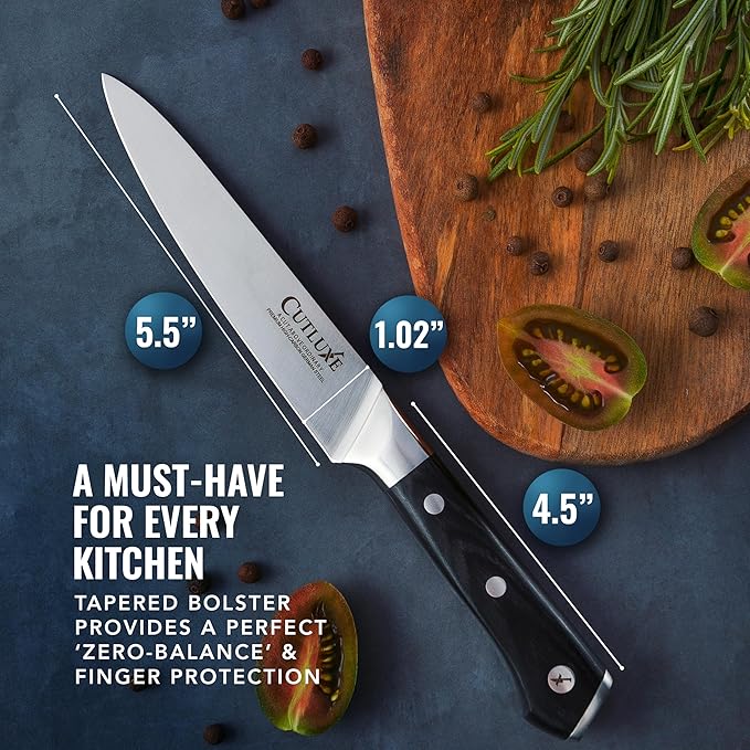 Cutluxe Kitchen Utility Knife, 5.5" Paring Kitchen Knife ??Razor Sharp Blade, High Carbon German Steel, Full Tang Ergonomic Handle Design ??Artisan Series