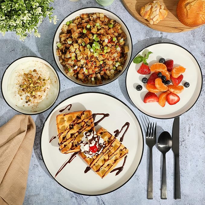 Gibson Home Oslo 16-Piece Porcelain Dinnerware Set, Service for 4 ??White Plates with Black Rim, Microwave & Dishwasher Safe