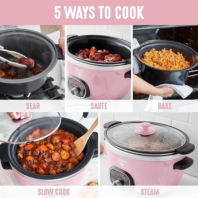 GreenLife 8QT Slow Cooker, Non-Toxic PFAS-Free Ceramic Nonstick Removable Interior Bowl, Programmable, Family Friendly, Keep Warm, Stovetop & Oven Safe, Dishwasher Safe Crock, Timer, Glass Lid, Pink