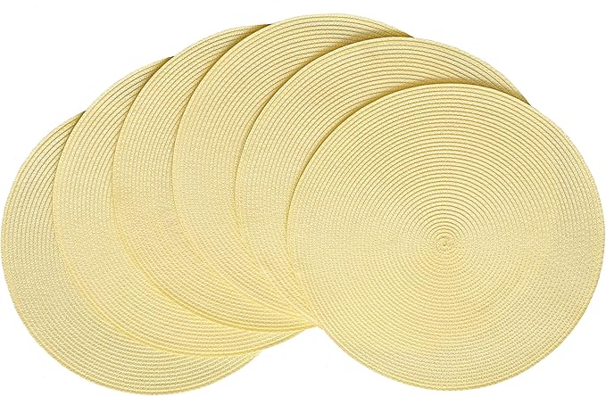 HODJOY Round Placemats Set of 6, Table mats for Indoor and Outdoor Dining Tables, Washable Woven Non-Slip Placemats 15inch (Straw Yellow)