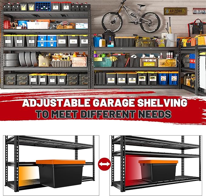 REIBII 55" W Garage Shelving, Heavy Duty Storage Shelves Load 3000LBS, 5 Tier Adjustable Metal Shelving Unit for Basement, Warehouse, Workshop, 55" W x 24" D x 72" H