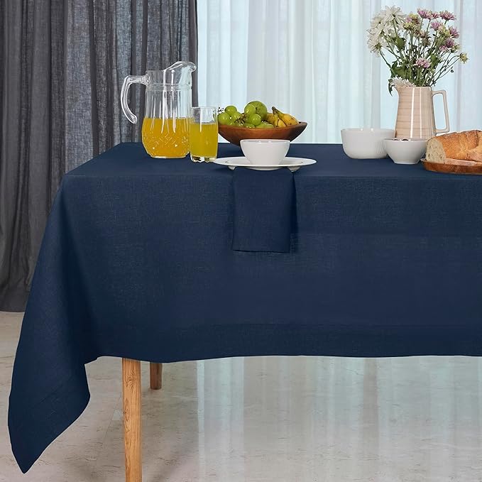D'Moksha Homes Navy Blue Linen Tablecloth 60 x 84 Inch - 100% Pure Linen Table Cloth for Rectangle Tables - Machine Washable Cloth Tablecloth for Easter