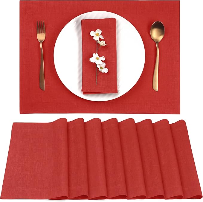D'Moksha Homes Linen Placemats 14 x 19 Inch - Bright Red Placemats Set of 8-100% Pure Linen Table Place Mats for Valentines, Spring, Easter - Handcrafted and Machine Washable