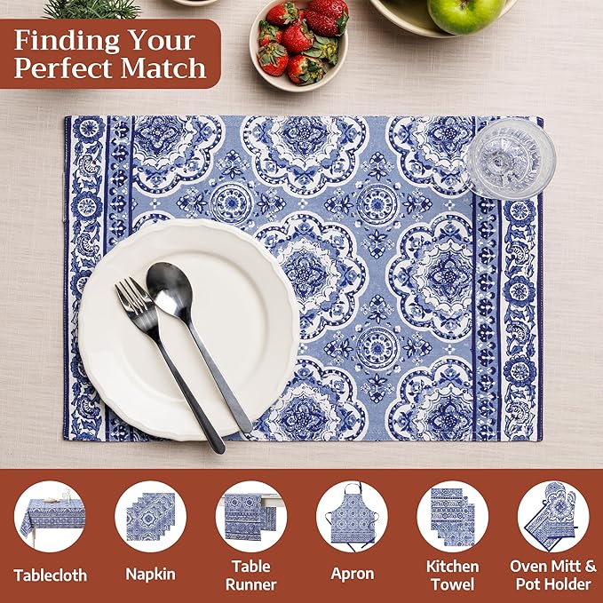 Maison d' Hermine Placemats Set of 2 100% Cotton Washable Cloth Place Mats, Reusable Table Mats for Kitchen Dining Decoration, Party, Wedding, Restaurant Spring/Summer (Melodie Bleue, 13" x 19")
