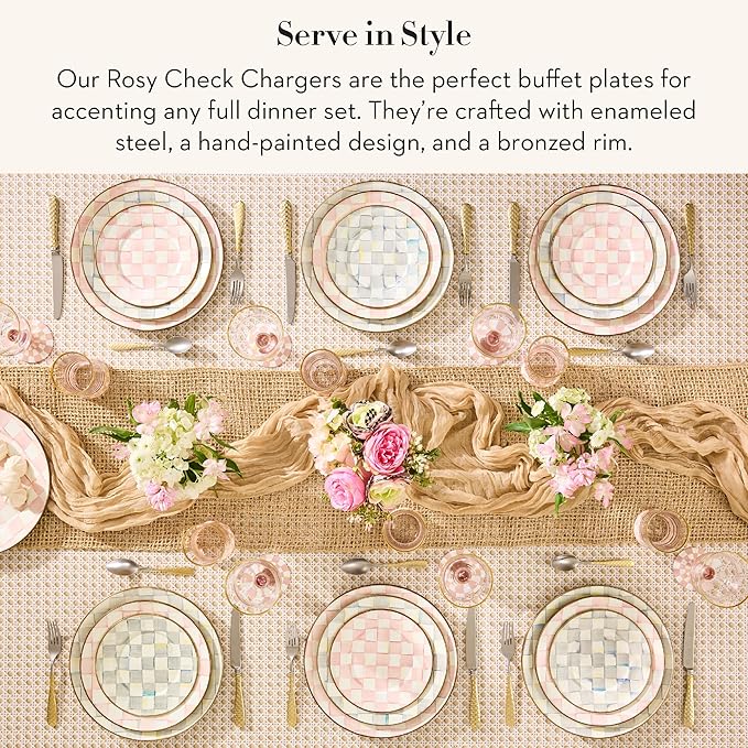MACKENZIE-CHILDS Enamel Charger Plate, Charger Decoration for Dinner Plates or Home Decor, 12 Inches, Pink-and-White Rosy Check, Set of 4
