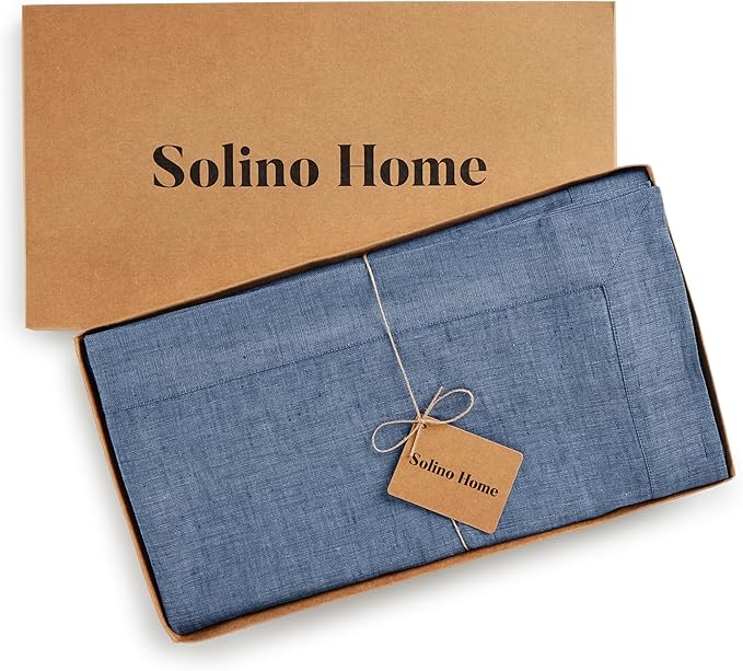 Solino Home Linen Tablecloth 60 x 108 Inch - 100% Pure Linen Blue Denim Table Cloth for Rectangular Tables - Athena, Machine Washable Cloth Tablecloth for Spring, Easter