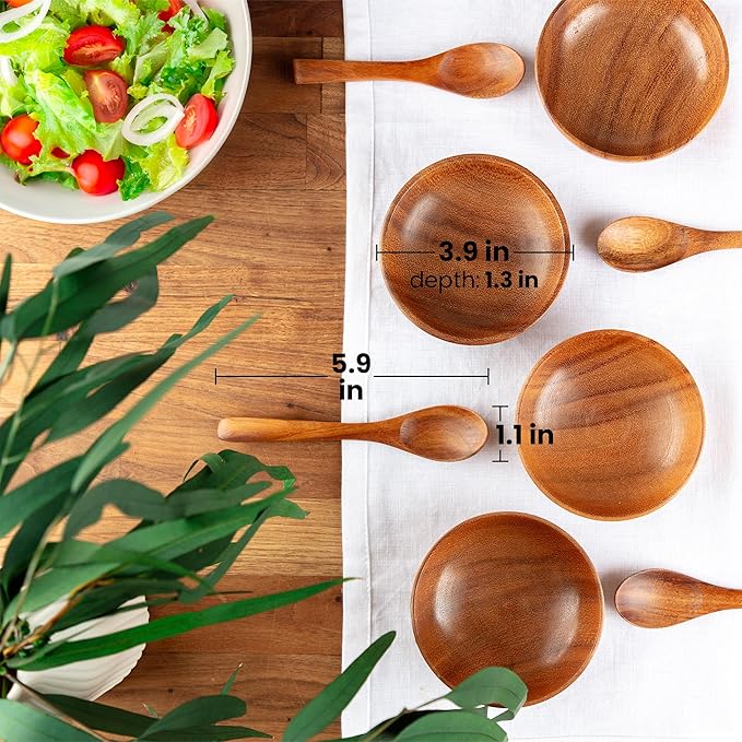 Zulay Kitchen Teak Wood Dipping Bowls with Spoons Set ??8 Piece Wooden Serving Set with 4 Mini Bowls and 4 Small Spoons, Handcrafted Natural Teak Wood, Durable & Smooth Finish