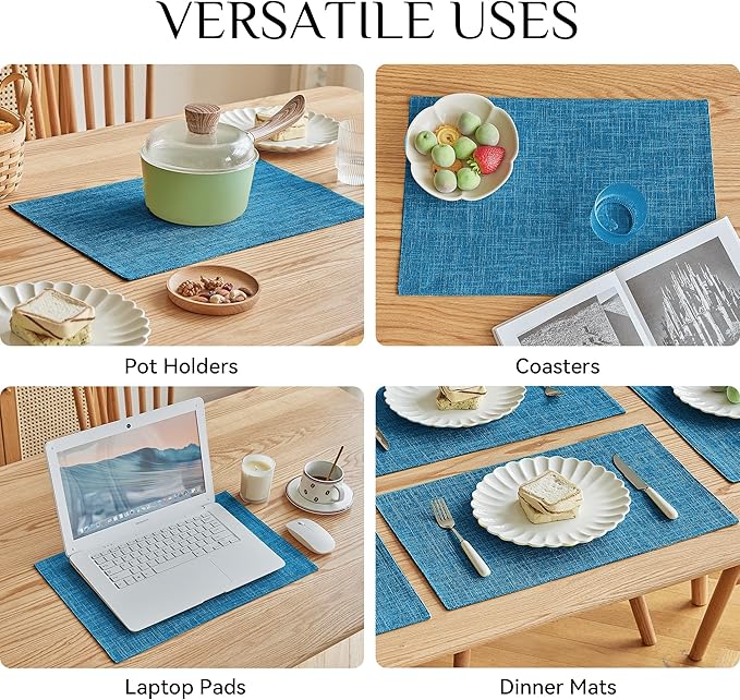 Softalker Faux Linen Placemats Set of 8-12 x 18 Inch, Heat Resistant Double Layered Durable Burlap Farmhouse Place Mats, Non-Slip Washable Rustic Table Mats for Dining, Kitchen, Party竊늆ky Blue