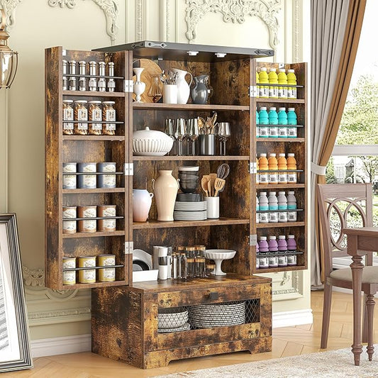 Pantry Cabinets with Adjustable Shelves and Drawer, Farmhouse Kitchen Pantry Storage Cabinet, Buffet Cupboards Sideboard for Kitchen, Dining Room, Living Room Use (Brown, 16" D x 24" W x 47" H)