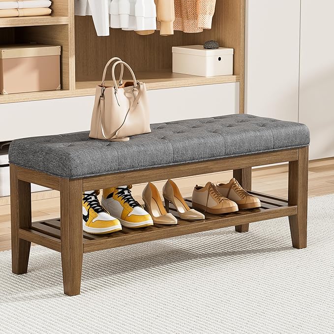 YaFiti End of Bed Storage Bench, 42.9" Entryway Shoe Bench with Solid Wood Shelf, Upholstered Ottoman with Padded Seat for Bedroom, Hallway and Lining Room, Dark Gray