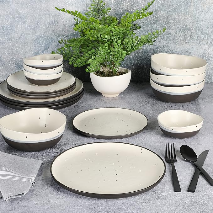 Gibson Elite Rhinebeck 16-Piece Double Bowl Dinnerware Set, Service for 4 ??White and Black Stoneware Plates and Bowls