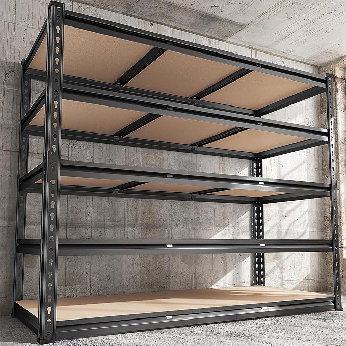 REIBII 48" W Garage Shelving 3020LBS Storage Shelves 5 Tier Industrial Shelving Adjustable Metal Storage Shelves for Garage, Basement, Warehouse, Commercial, Easy Assemble, 48" W x 72" H x 24" D