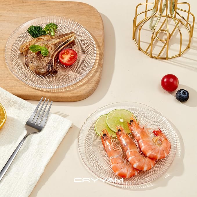 Dessert Plates - 6 Inch/15cm Handblown Glass Plates Set of 6 - Small Dessert Salad and Decorative Plates, Clear Glass Mini Dinner Plates for Appetizers, Salads, and Small Meals