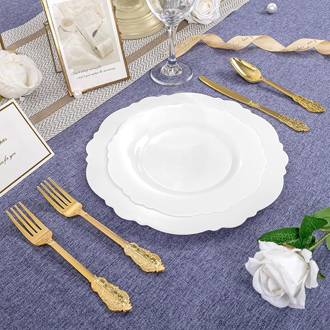 WDF 60pcs White Plastic Plates -10.25inch Baroque White Disposable Dinner Plates for Upscale Parties/Wedding