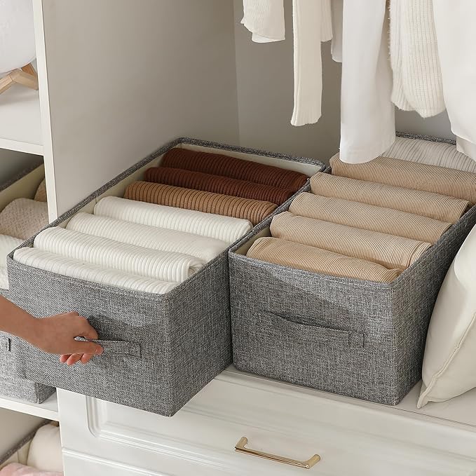 Linen Folding Storage Bins, 3 Pack Large Storage Baskets, Washable, Clothing Storage Bins with Handle, Closet Organizer for Storage Sweater,Sheets(dark grey, 18쩍"x11" x8쩍")