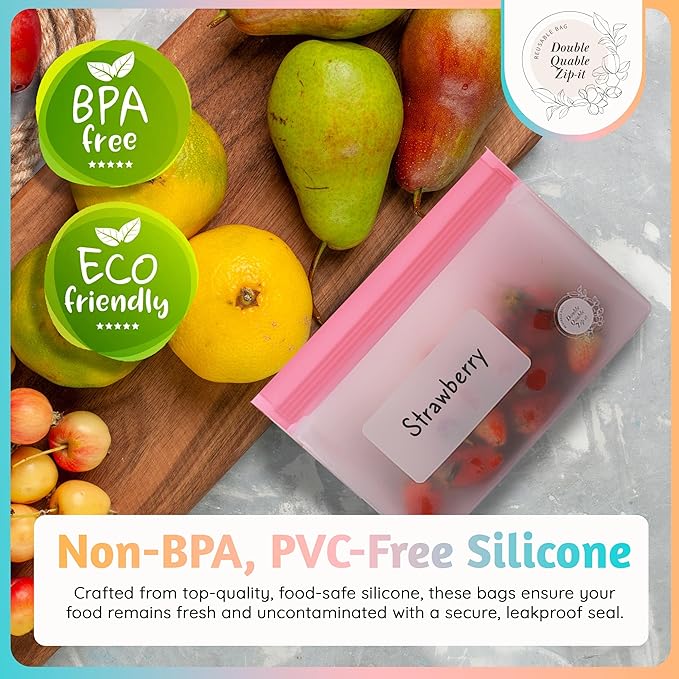 Reusable Food Storage Bags ??14-Pack Stand-Up, BPA-Free, Freezer, Dishwasher Safe & Eco-Friendly ??3 L, 8 M, 3 S Bags ??Airtight Leakproof, Sandwich, Snack, and Meal Prep Baggies (Multicolor)