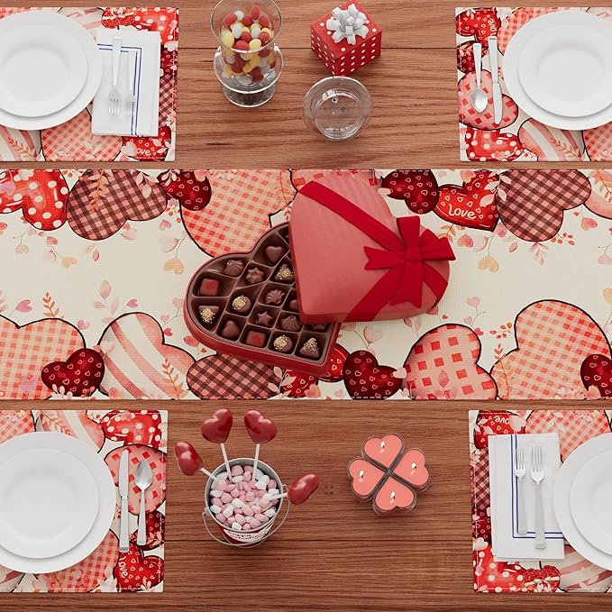 XCHI Love Hearts Valentine's Day Table Runner Table Decoration for Party Home Kitchen Dining Holiday Decor 13x36 Inch