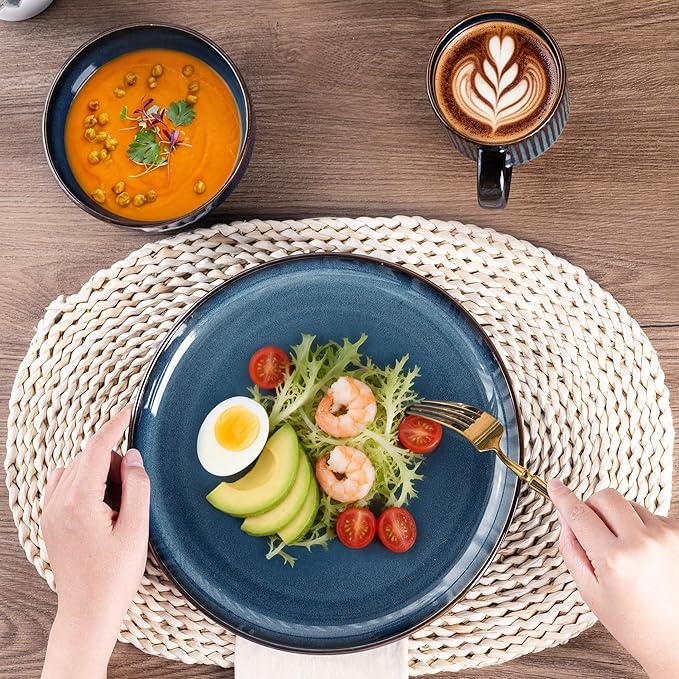 GBHOME Ceramic Dinnerware Sets for 4, 12 Pieces Stoneware Plates and Bowls Sets, Scratch Resistant Dishes, Dishwasher & Microwave Safe, Reactive Glaze-Deep Sea